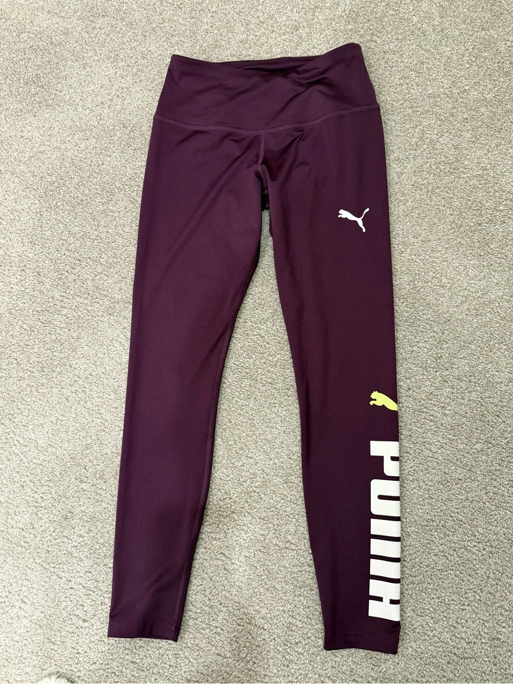 Puma Plum Leggings with White Logo and Yellow Accent
